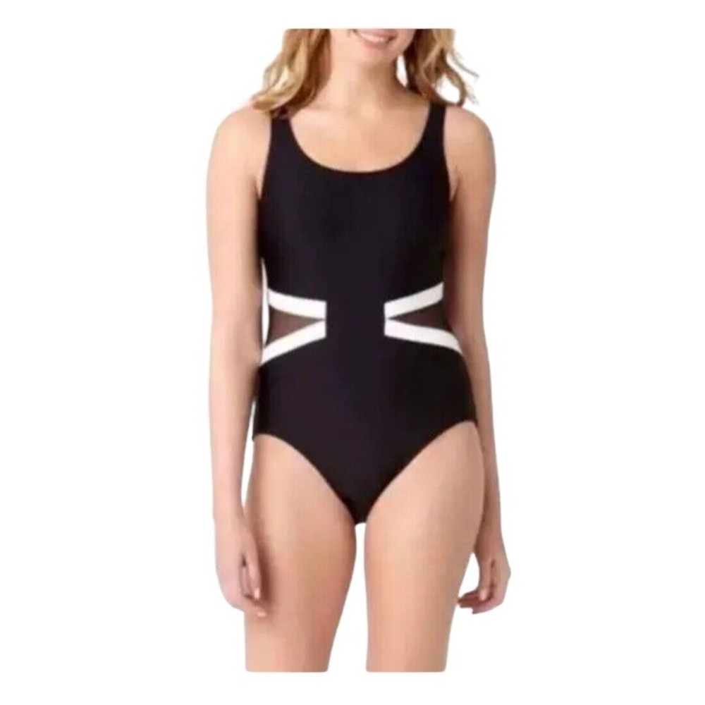 Catalina Black One Piece Swimsuit Mesh Panel White Waist Scoop Neck Vacation‎